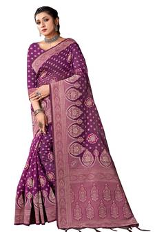 Sangam Prints Purple Cotton Woven Zari Work Traditional Tassle Saree