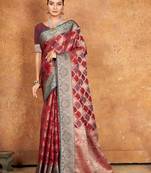Sangam Prints Maroon Organza  Siroski Stone Work Traditional Tassle Saree