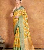 Sangam Prints Yellow Organza  Siroski Stone Work Traditional Tassle Saree