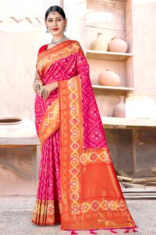 Sangam Prints Pink SILK  Woven Zari Work Traditional Tassle Saree