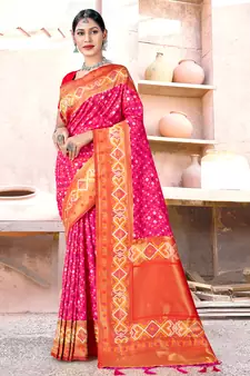 Sangam Prints Pink SILK  Woven Zari Work Traditional Tassle Saree
