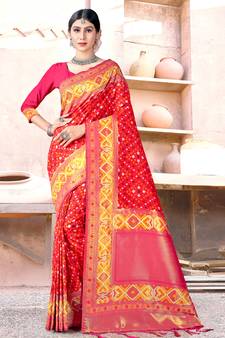 Sangam Prints Red SILK  Woven Zari Work Traditional Tassle Saree