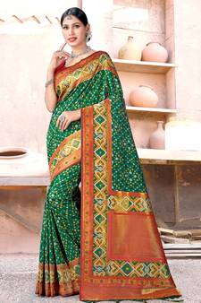 Sangam Prints Green SILK  Woven Zari Work Traditional Tassle Saree