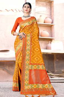Sangam Prints Yellow SILK  Woven Zari Work Traditional Tassle Saree