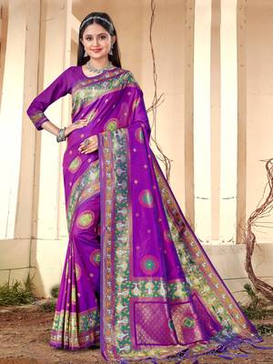 Sangam Prints Purple Silk  Woven Zari Work Traditional Tassle Saree 1