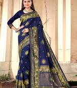 Sangam Prints Blue Silk  Woven Zari Work Traditional Tassle Saree