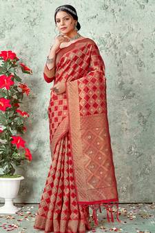 Sangam Prints Red ORGANZA  Siroski Stone Work Traditional Tassle Saree