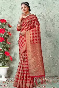 Sangam Prints Red ORGANZA  Siroski Stone Work Traditional Tassle Saree