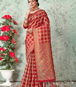 Sangam Prints Red ORGANZA  Siroski Stone Work Traditional Tassle Saree