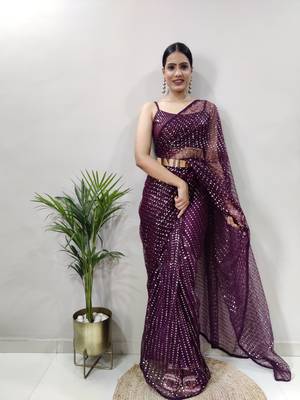 Wine colour net embroidery pre-stitched saree WITH UN-STITCHED BLOUSE 1