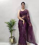 Wine colour net embroidery pre-stitched saree WITH UN-STITCHED BLOUSE