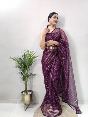Wine colour net embroidery pre-stitched saree WITH UN-STITCHED BLOUSE 3