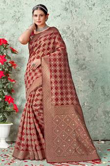 Sangam Prints Maroon Organza  Siroski Stone Work Traditional Tassle Saree
