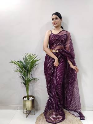 Wine colour net embroidery pre-stitched saree WITH UN-STITCHED BLOUSE 4