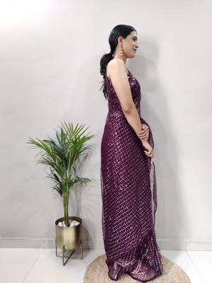 Wine colour net embroidery pre-stitched saree WITH UN-STITCHED BLOUSE 5
