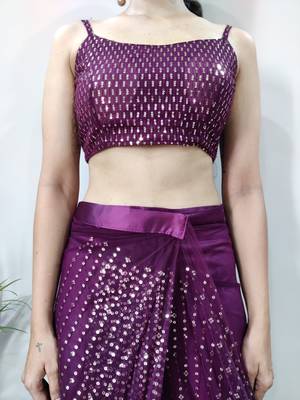 Wine colour net embroidery pre-stitched saree WITH UN-STITCHED BLOUSE 6