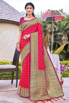 Sangam Prints Pink BANARASI SILK Woven Zari Work Traditional Tassle Saree
