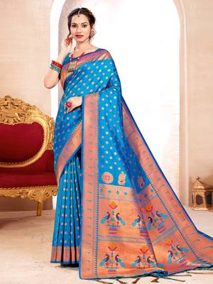 Sangam Prints Sky Blue PAITHANI SILK  Traditional Tassle Saree 1