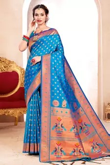 Sangam Prints Sky Blue PAITHANI SILK  Traditional Tassle Saree