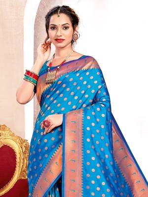 Sangam Prints Sky Blue PAITHANI SILK  Traditional Tassle Saree 2