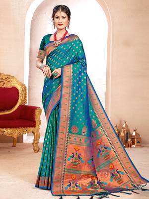 Sangam Prints Turquoise PAITHANI SILK  Traditional Tassle Saree 1