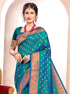 Sangam Prints Turquoise PAITHANI SILK  Traditional Tassle Saree 2