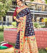 Sangam Prints Navy Blue Paithani Silk Woven Work Traditional Tassle Saree