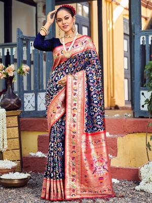 Sangam Prints Navy Blue Patola Silk Woven Work Traditional Tassle Saree 1