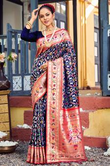 Sangam Prints Navy Blue Patola Silk Woven Work Traditional Tassle Saree