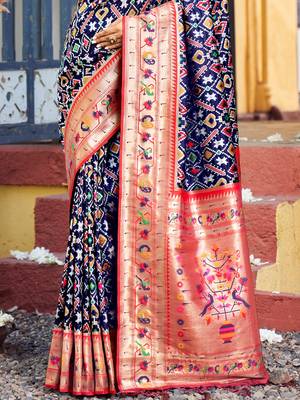 Sangam Prints Navy Blue Patola Silk Woven Work Traditional Tassle Saree 3