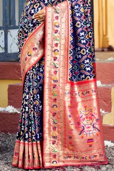 Sangam Prints Navy Blue Patola Silk Woven Work Traditional Tassle Saree
