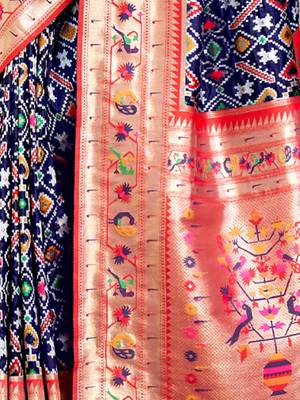 Sangam Prints Navy Blue Patola Silk Woven Work Traditional Tassle Saree 4