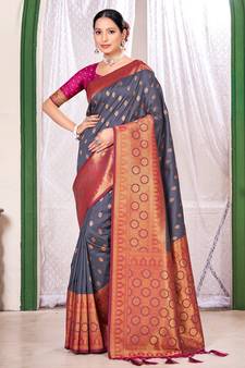Grey Banarasi silk blend Woven Work Traditional Tassle Saree