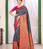 Grey Banarasi silk blend Woven Work Traditional Tassle Saree