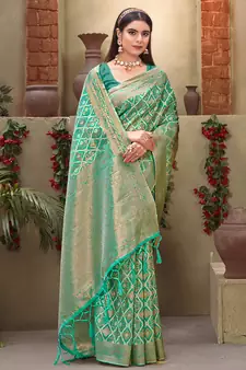 Sangam Prints Sea Green Cotton Woven Work Traditional Tassle Saree