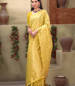 Sangam Prints Yellow Cotton Woven Work Traditional Tassle Saree