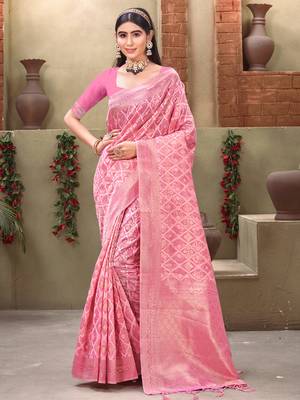 Sangam Prints Pink Cotton Woven Work Traditional Tassle Saree 1