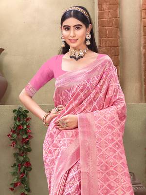 Sangam Prints Pink Cotton Woven Work Traditional Tassle Saree 2