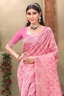 Sangam Prints Pink Cotton Woven Work Traditional Tassle Saree