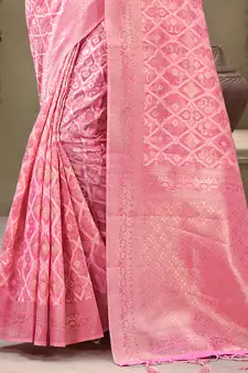 Sangam Prints Pink Cotton Woven Work Traditional Tassle Saree