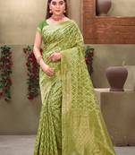 Sangam Prints Light Green Cotton Woven Work Traditional Tassle Saree