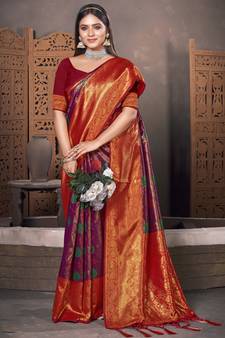 Sangam Prints Purple KanJivaram Silk Woven Work Traditional Tassle Saree