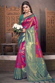 Sangam Prints Pink KanJivaram Silk Woven Work Traditional Tassle Saree