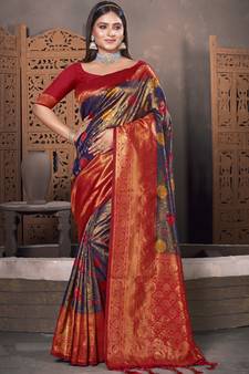 Sangam Prints Violet KanJivaram Silk Woven Work Traditional Tassle Saree