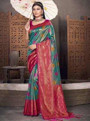 Sangam Prints Sea Green KanJivaram Silk Woven Work Traditional Tassle Saree 1