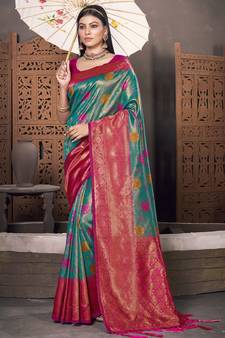 Sangam Prints Sea Green KanJivaram Silk Woven Work Traditional Tassle Saree