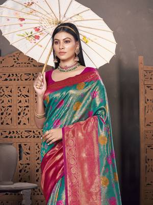 Sangam Prints Sea Green KanJivaram Silk Woven Work Traditional Tassle Saree 2