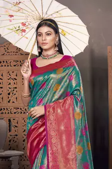 Sangam Prints Sea Green KanJivaram Silk Woven Work Traditional Tassle Saree