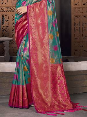 Sangam Prints Sea Green KanJivaram Silk Woven Work Traditional Tassle Saree 3