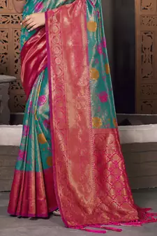 Sangam Prints Sea Green KanJivaram Silk Woven Work Traditional Tassle Saree